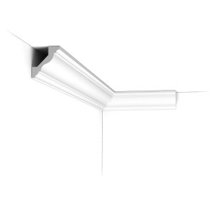 Installed corner view of the CX110 Orac duropolymer cornice showing a bold classical profile with stepped detailing.