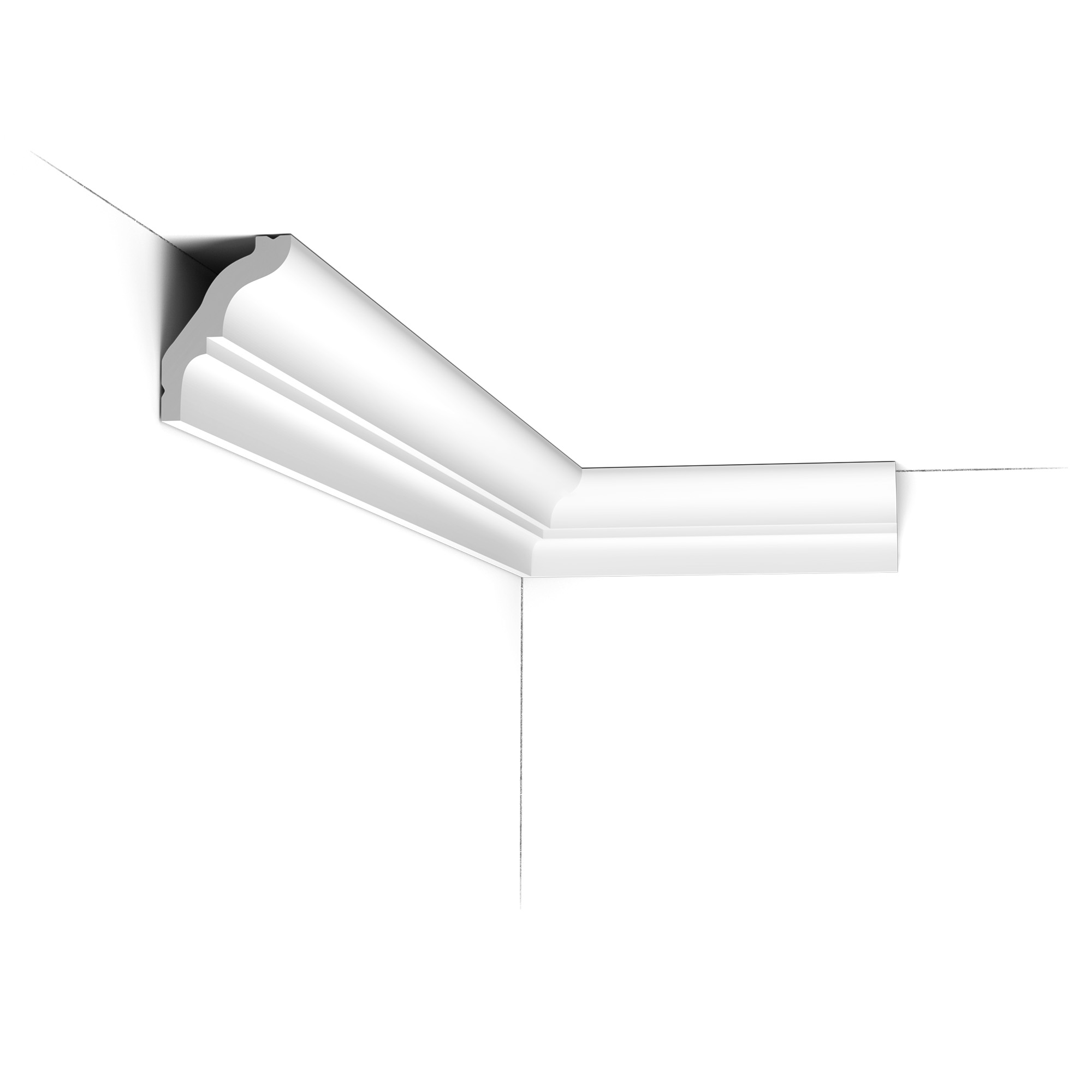 Installed corner view of the CX112 Orac duropolymer cornice showing a pronounced curved classical profile with stepped lower detailing.