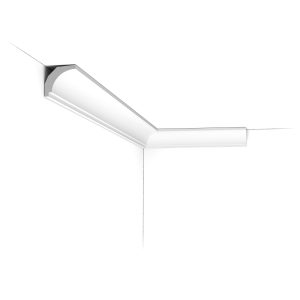 Installed corner view of the CX115 Orac duropolymer cornice showing a clean curved classical profile with minimal detailing.