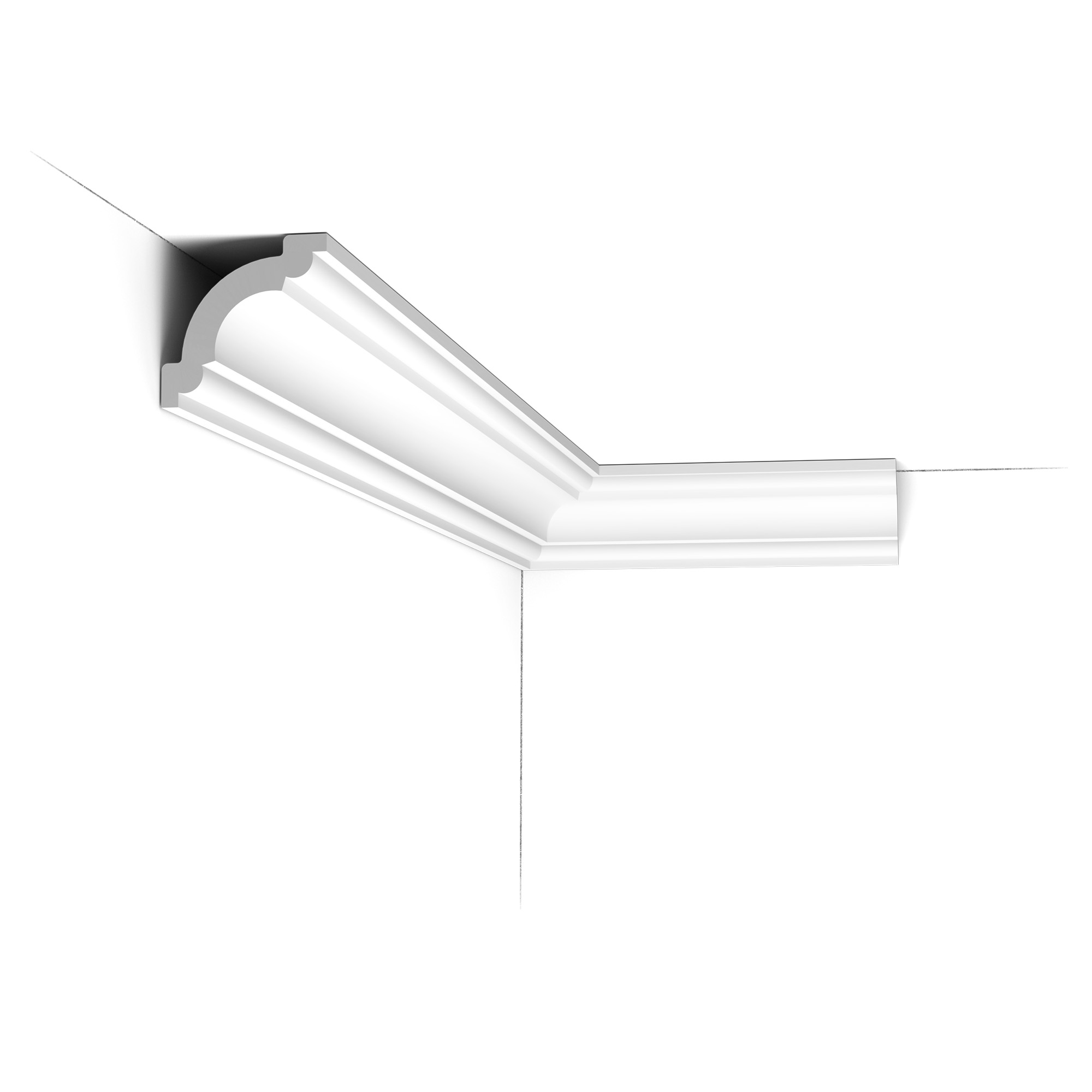 Installed corner view of the CX124 Orac duropolymer cornice showing a curved classical profile with stepped detailing.