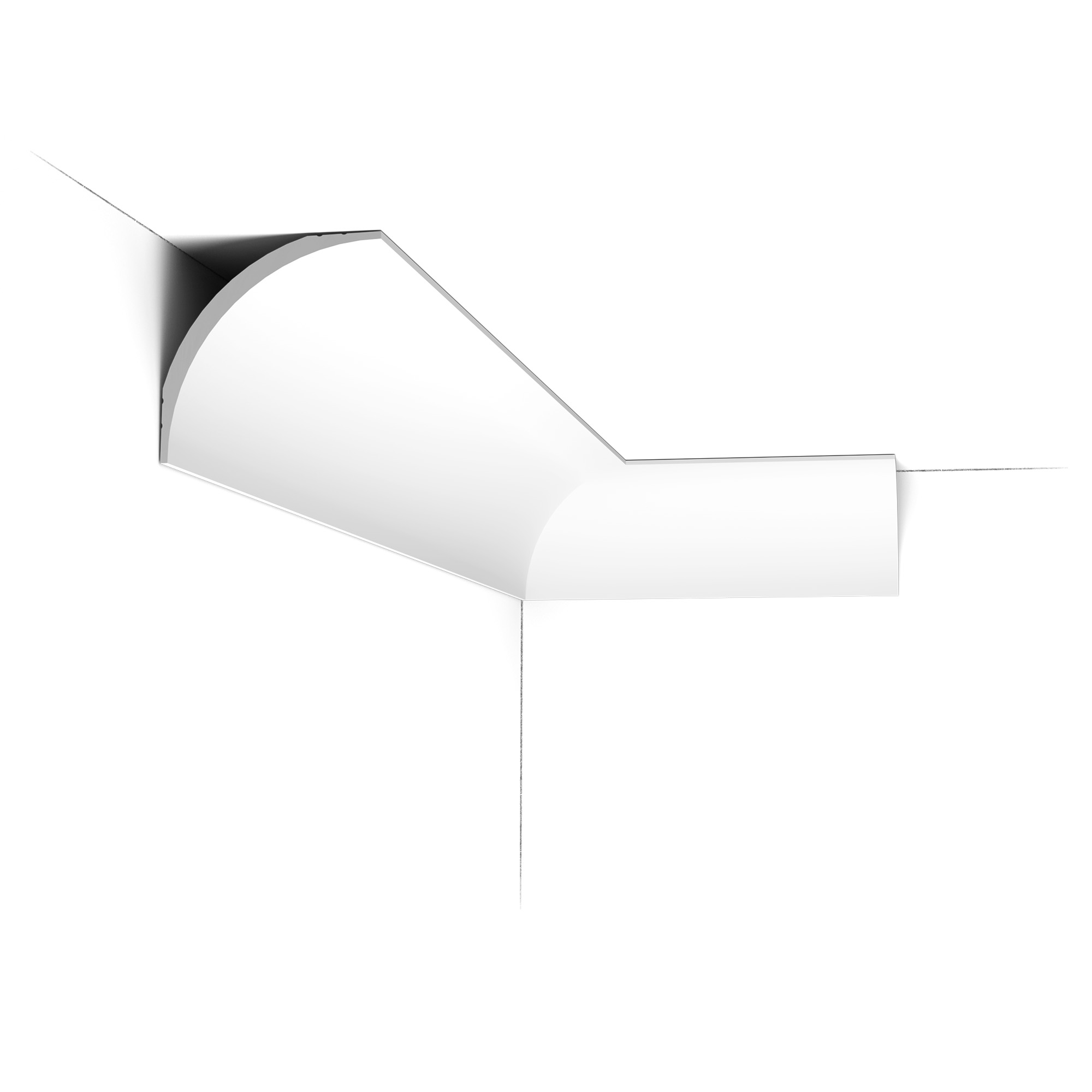 Installed corner view of the CX126 Orac duropolymer cornice showing a broad curved classical profile with smooth detailing.