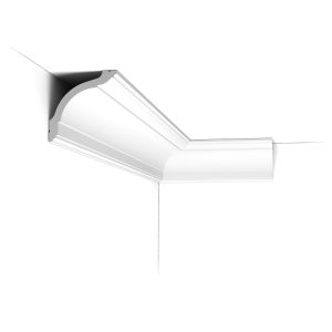 Installed corner view of the CX127 Orac duropolymer cornice showing a pronounced curved classical profile with stepped detailing.