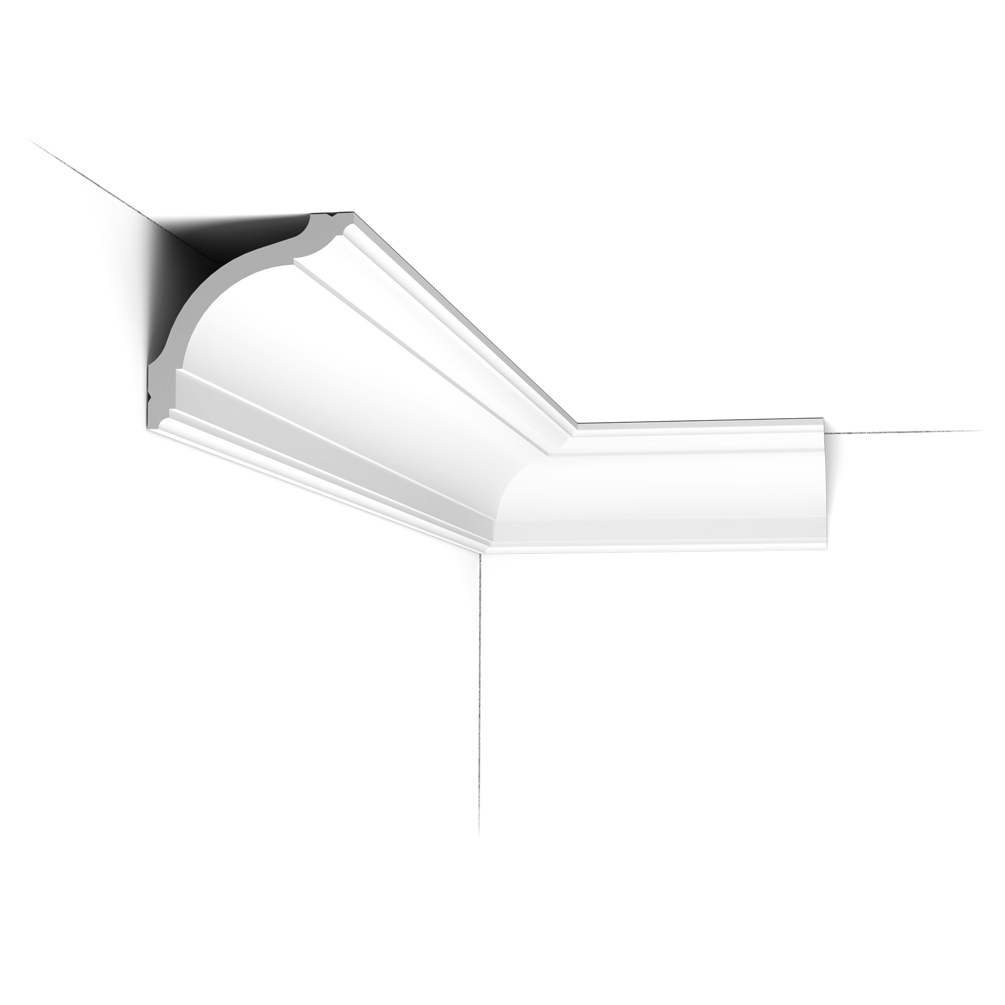 Installed corner view of the CX127 Orac duropolymer cornice showing a pronounced curved classical profile with stepped detailing.