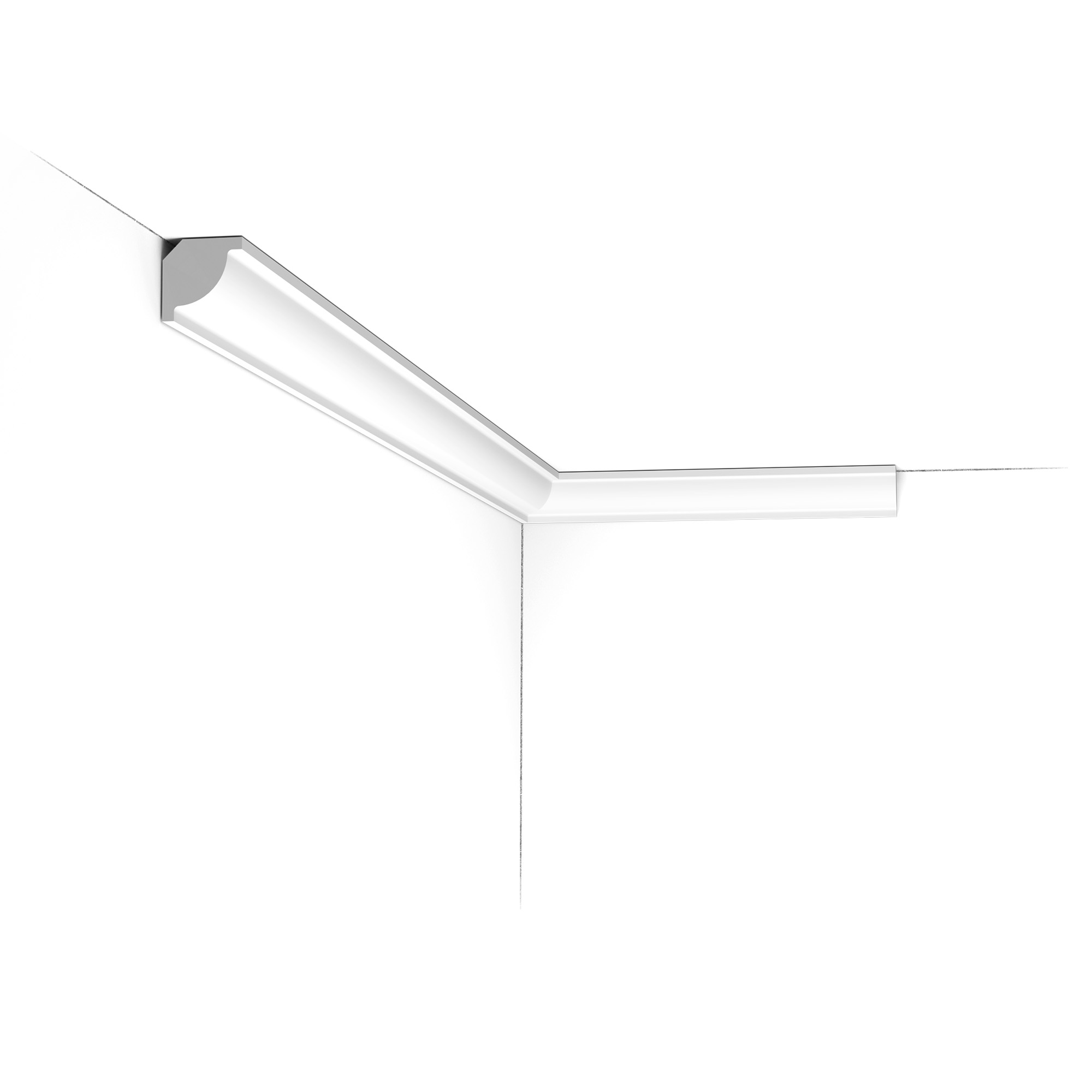 Installed corner view of the CX132 Orac duropolymer cornice showing a slim, clean classical profile with minimal detailing.