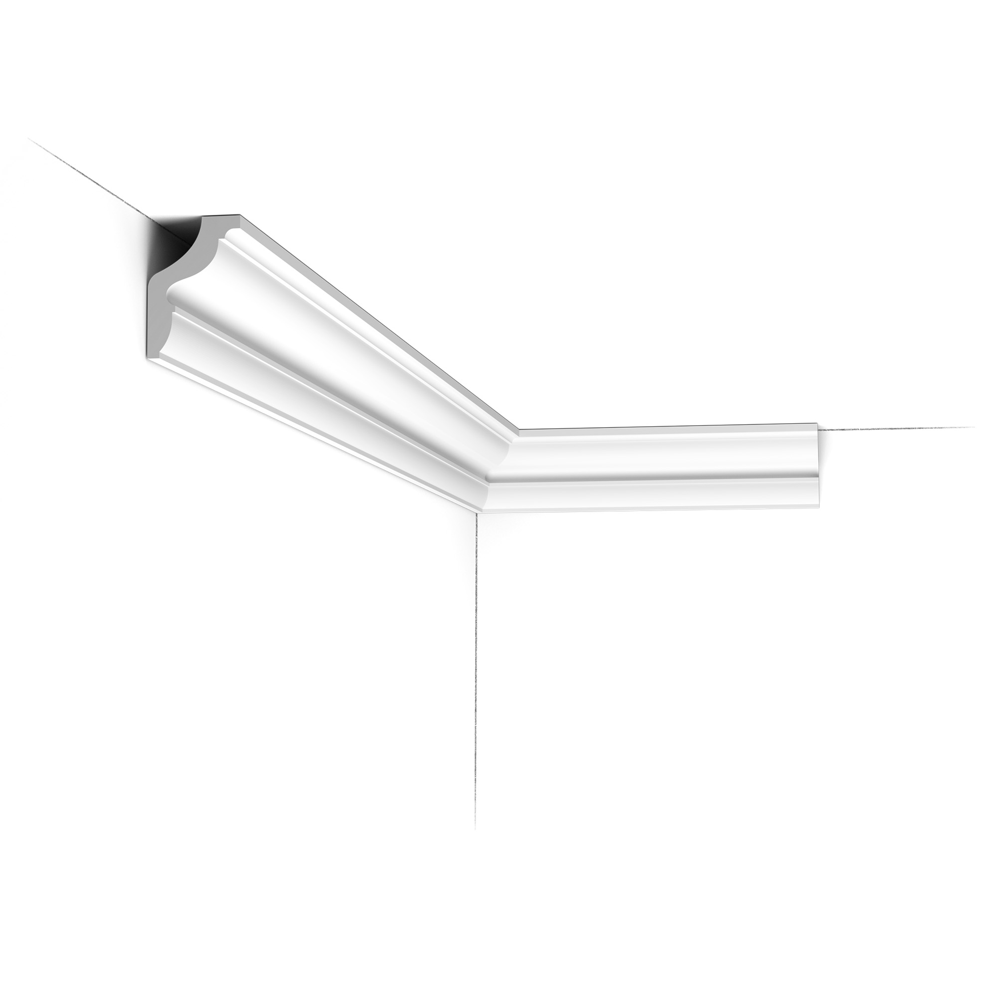 Installed corner view of the CX148 Orac duropolymer cornice showing a bold curved classical profile with layered detailing.