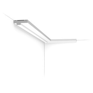 Installed corner view of the CX160 Orac duropolymer cornice showing a sharp, contemporary stepped profile.