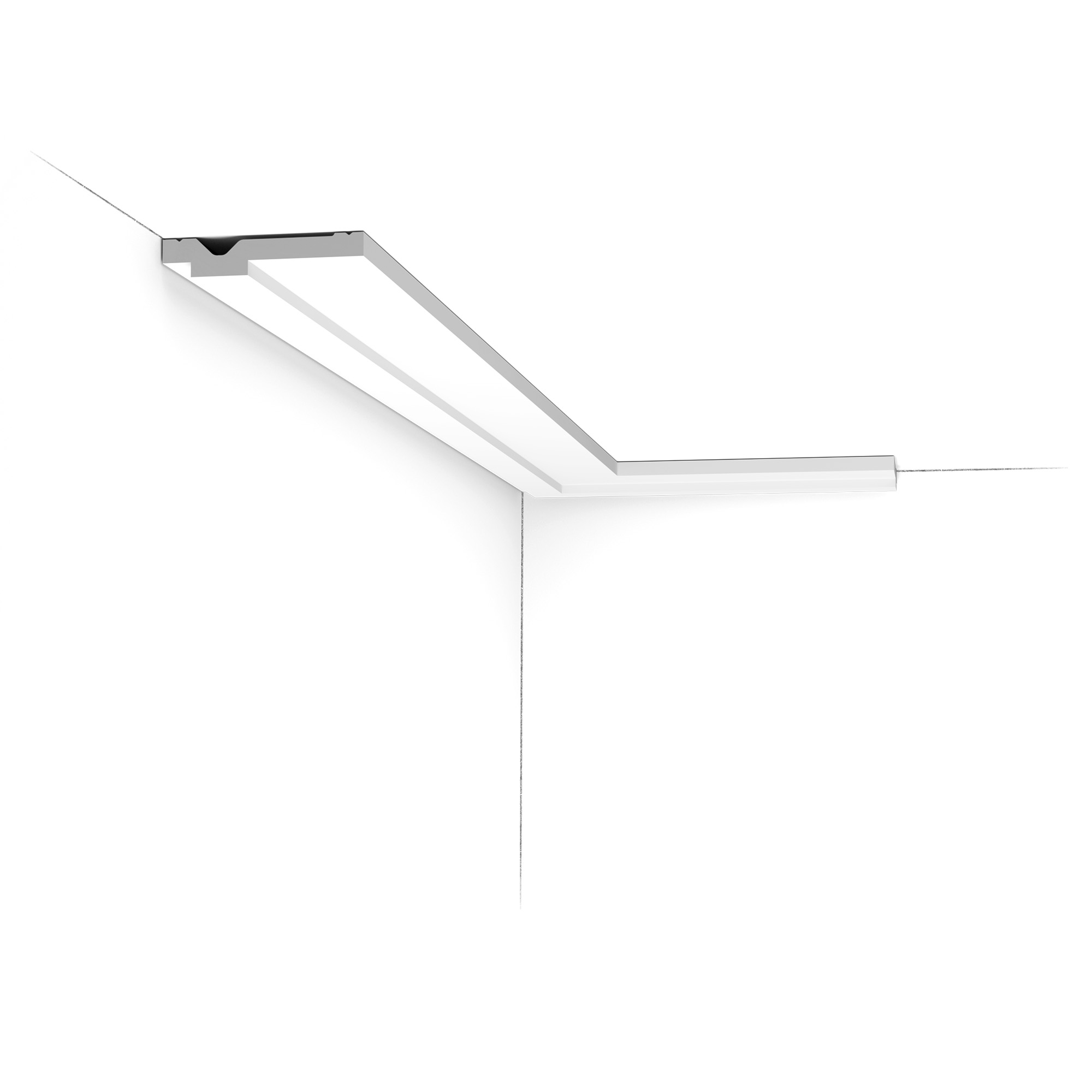 Installed corner view of the CX161 Orac duropolymer cornice showing a sharp, linear stepped profile.