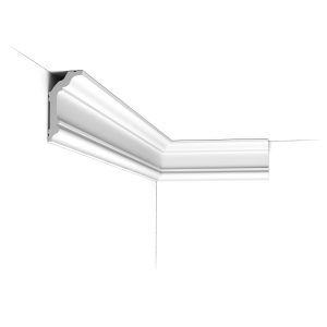 Installed corner view of the CX176 Orac duropolymer cornice showing a substantial classical profile with layered detailing.