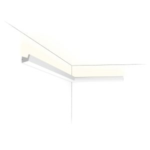 Orac CX189 slim LED lighting cornice installed at ceiling junction with concealed uplighting channel