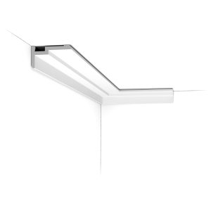 Installed corner view of the CX197 Orac duropolymer cornice showing a crisp stepped profile with integrated shadow gap.