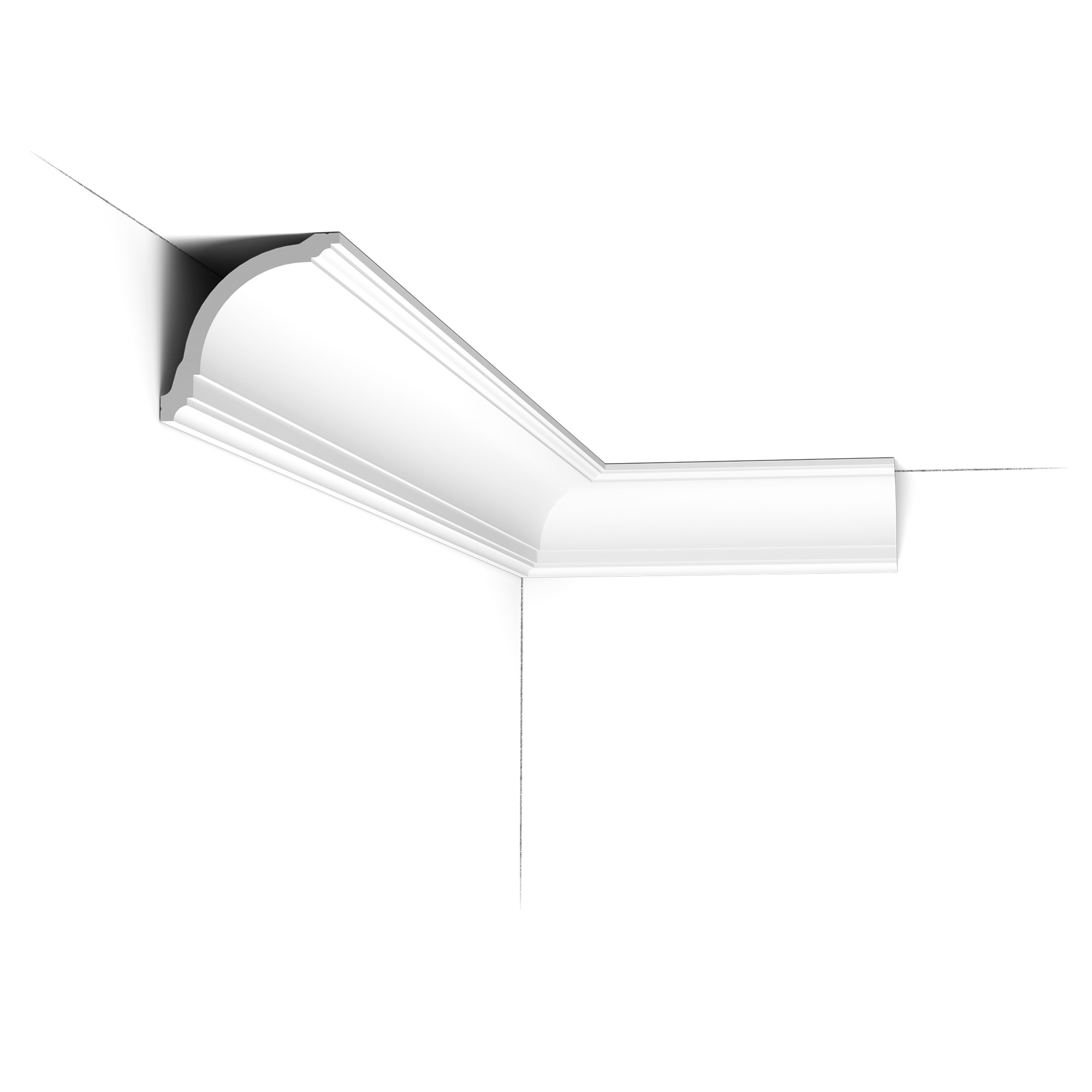 Installed corner view of the CX199 Orac duropolymer cornice showing a smooth curved profile with subtle linear detailing.