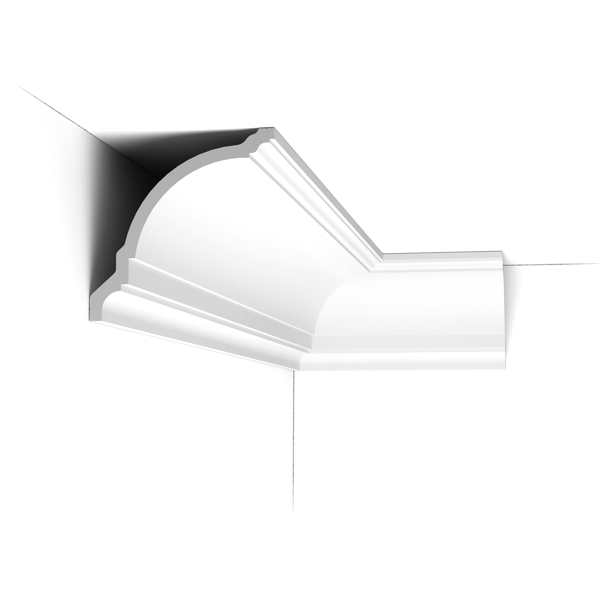 Installed corner view of the CX203 Orac duropolymer cornice showing a deep curved classical profile with strong moulded detailing.