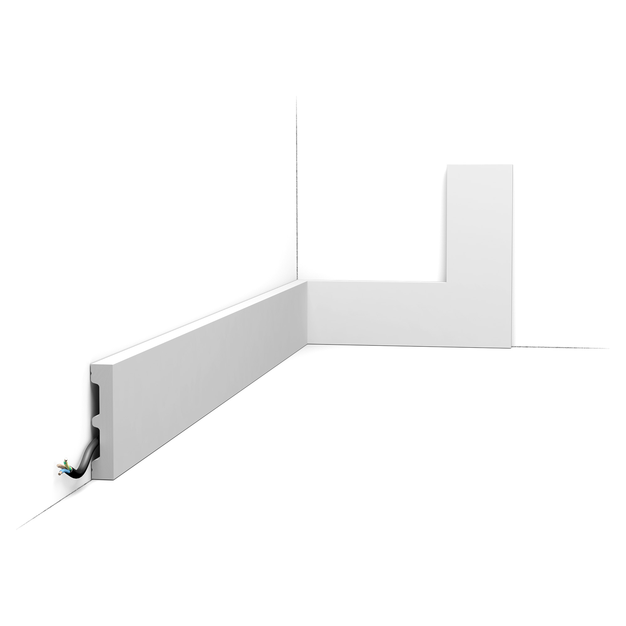 ORAC DX157-2300 LED skirting board with integrated cable management, installed along the base of a wall for concealed wiring and indirect lighting.