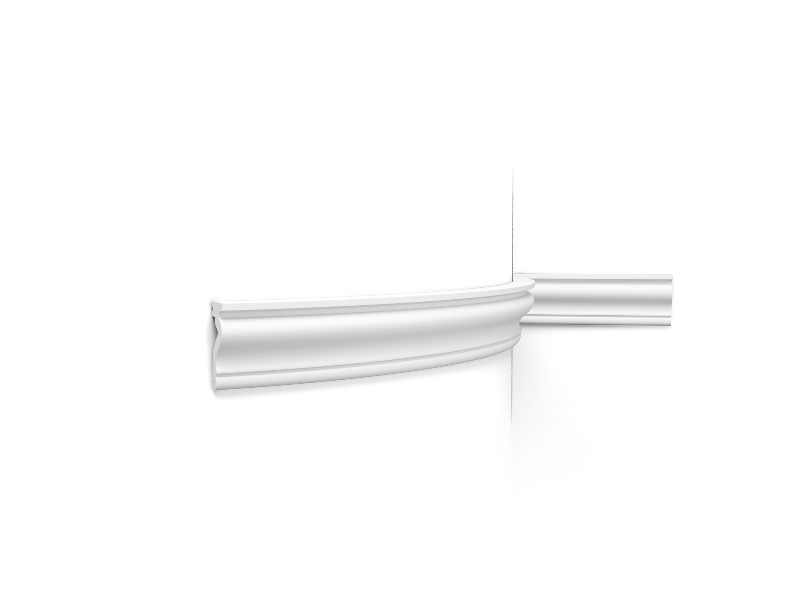 Flexible Orac wall panel moulding installed around a curved corner with a smooth classic profile