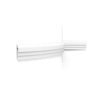 Flexible Orac modern panel moulding with stepped profile fitted around a curved wall