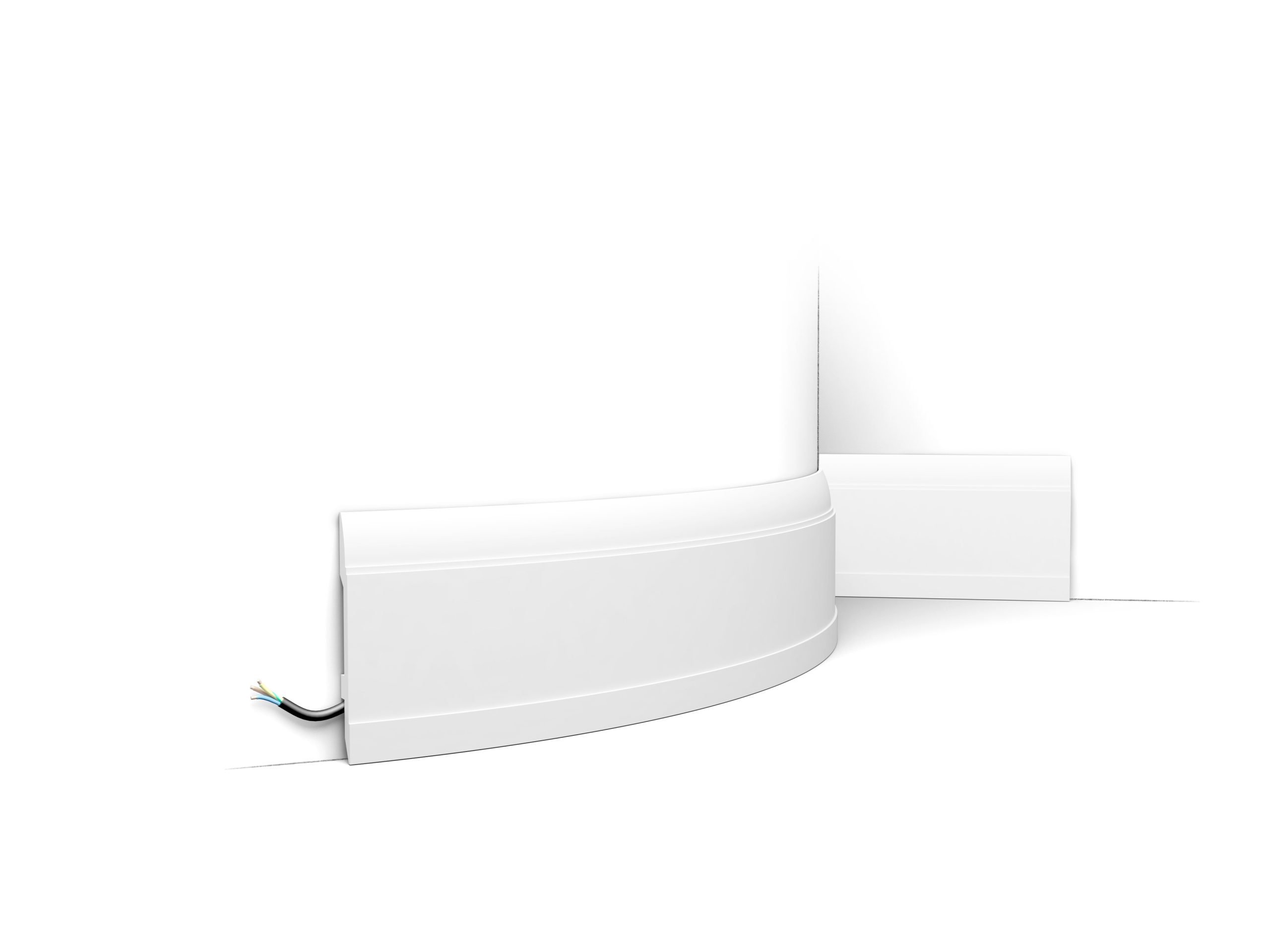 Flexible skirting board installed on curved wall with concealed cable management