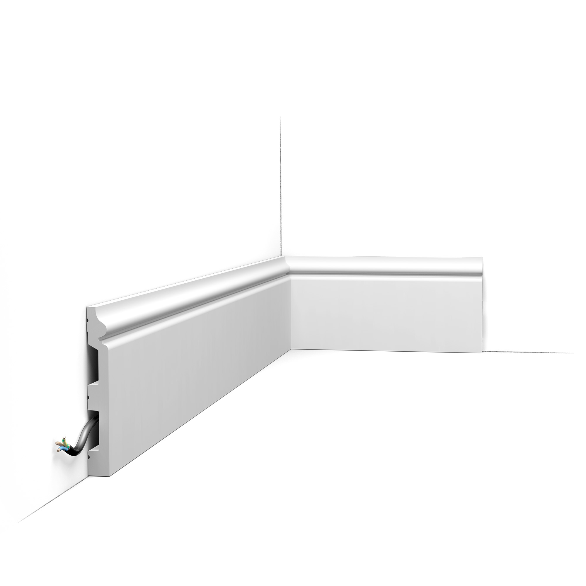 Traditional decorative skirting board RAL 9003 white with classic moulded profile and cable channel