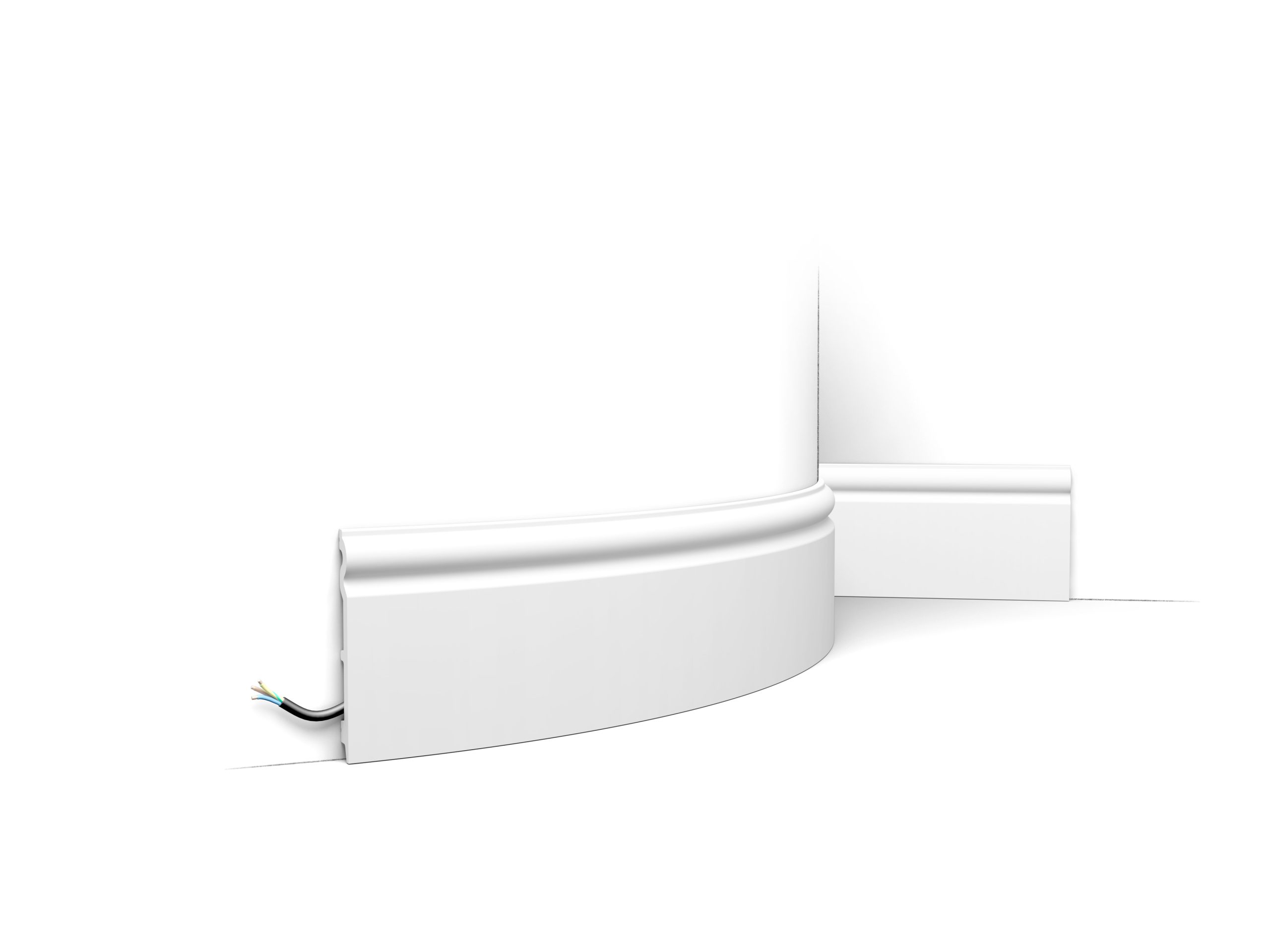 Flexible ogee skirting board with defined profile fitted to curved wall with cable concealment