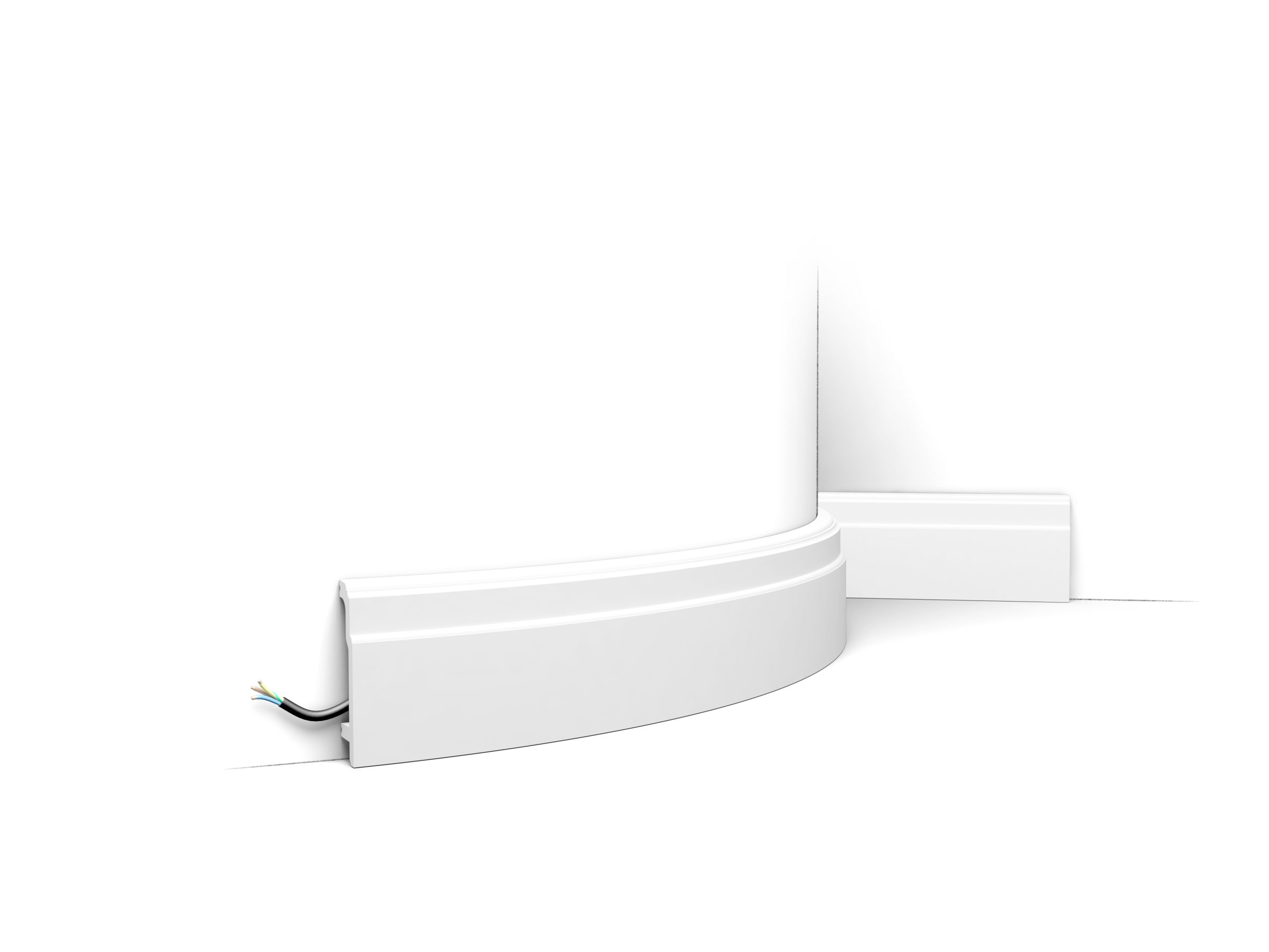 Flexible modern skirting board fitted to curved wall with concealed cable channel