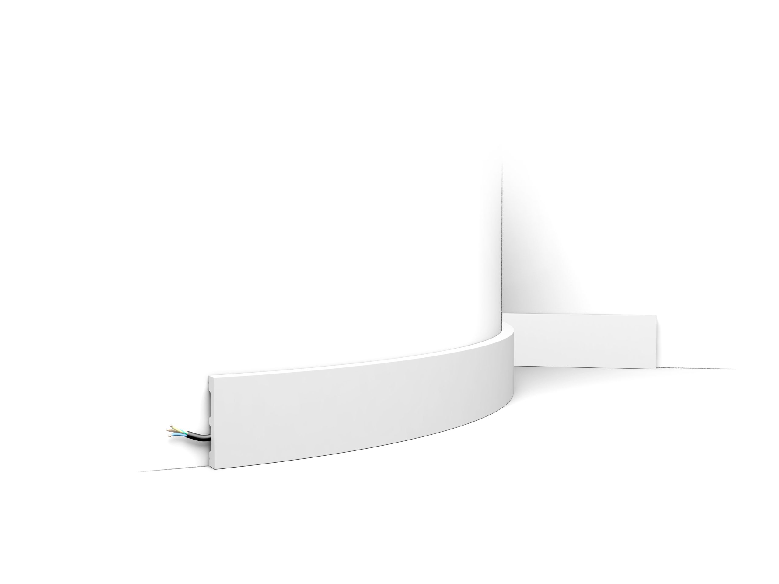 Minimalist flexible skirting board fitted to curved wall with concealed cable channel