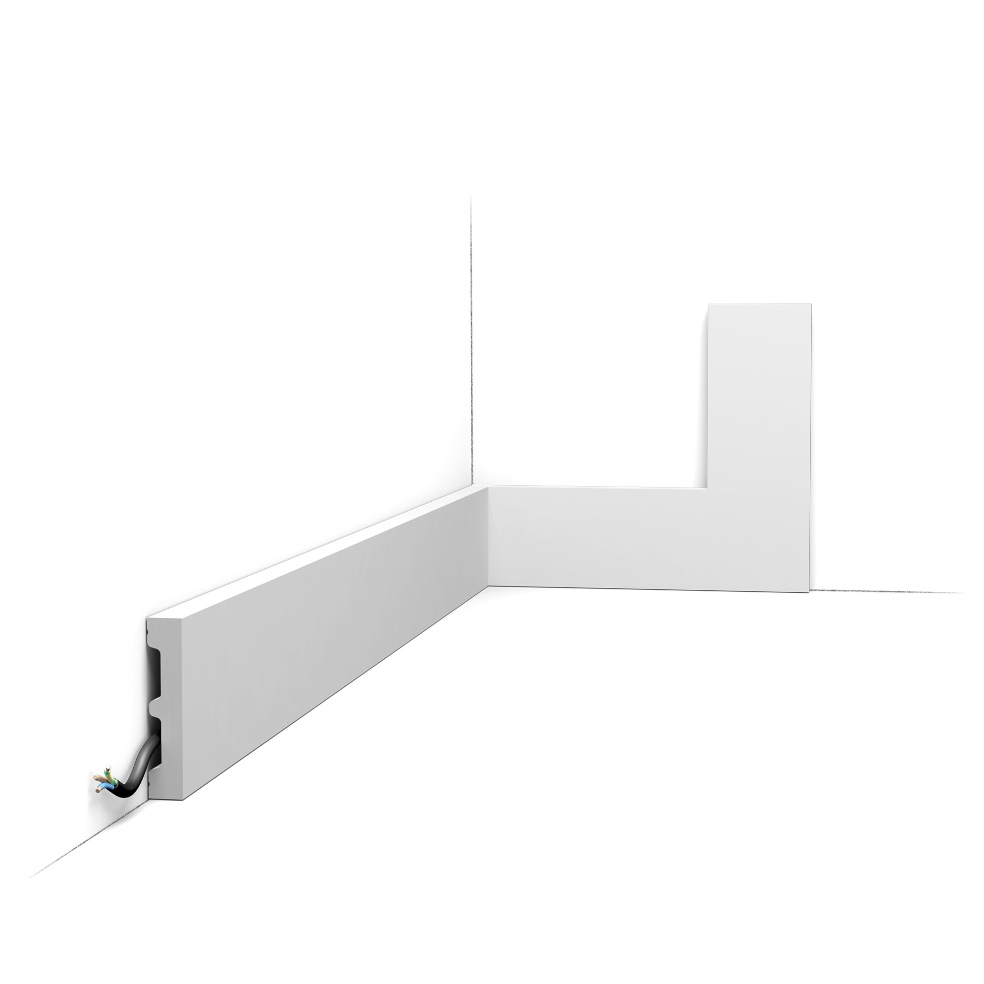 Flexible flat skirting board with cable channel installed on wall