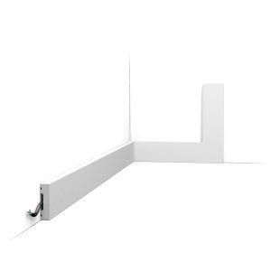 Orac SX162 skirting board installed modern stepped profile with cable channel