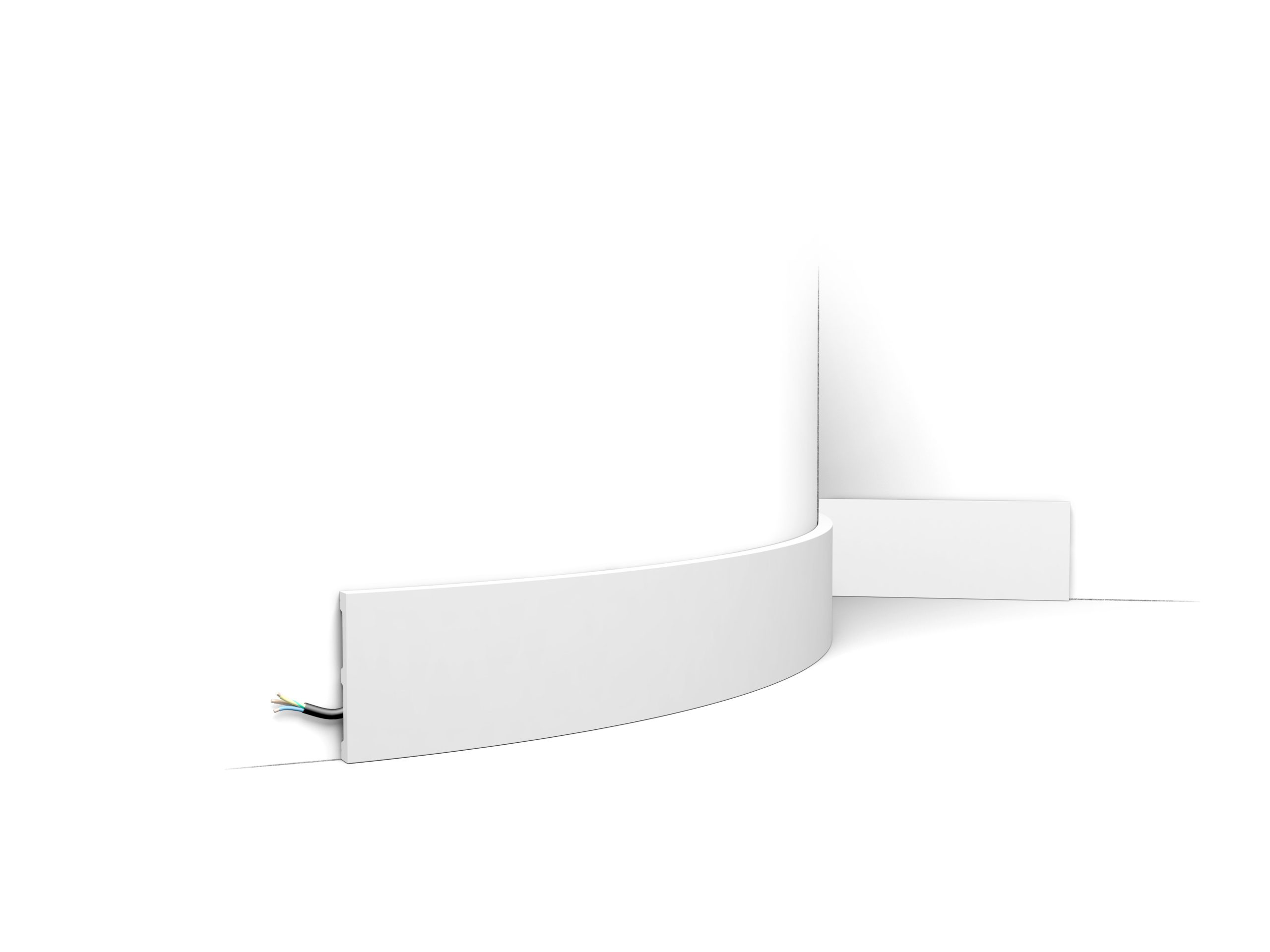Flexible tall skirting board fitted to curved wall with concealed cable channel