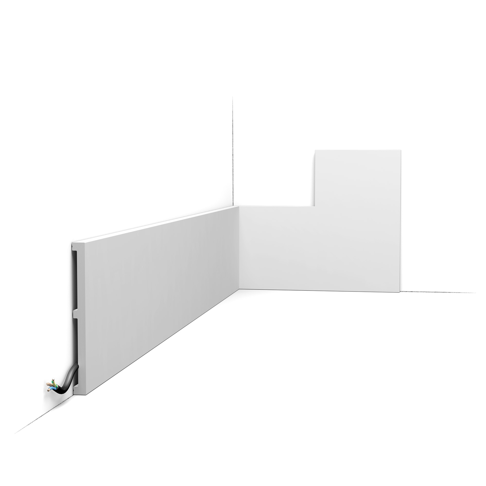 Orac SX168 skirting board installed with cable management trunking detail
