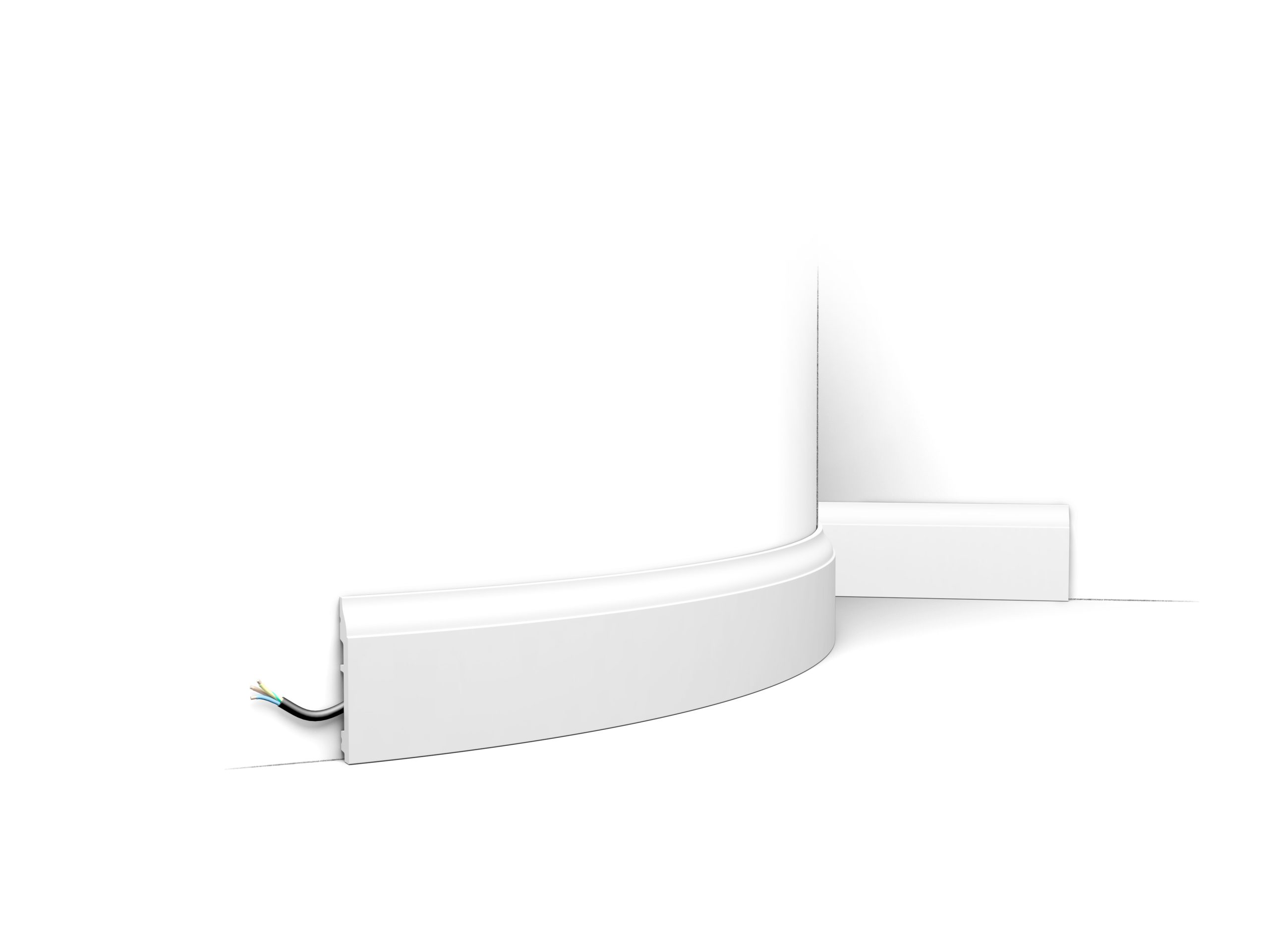 Flexible skirting board with smooth rounded top fitted to curved wall with concealed cable channel