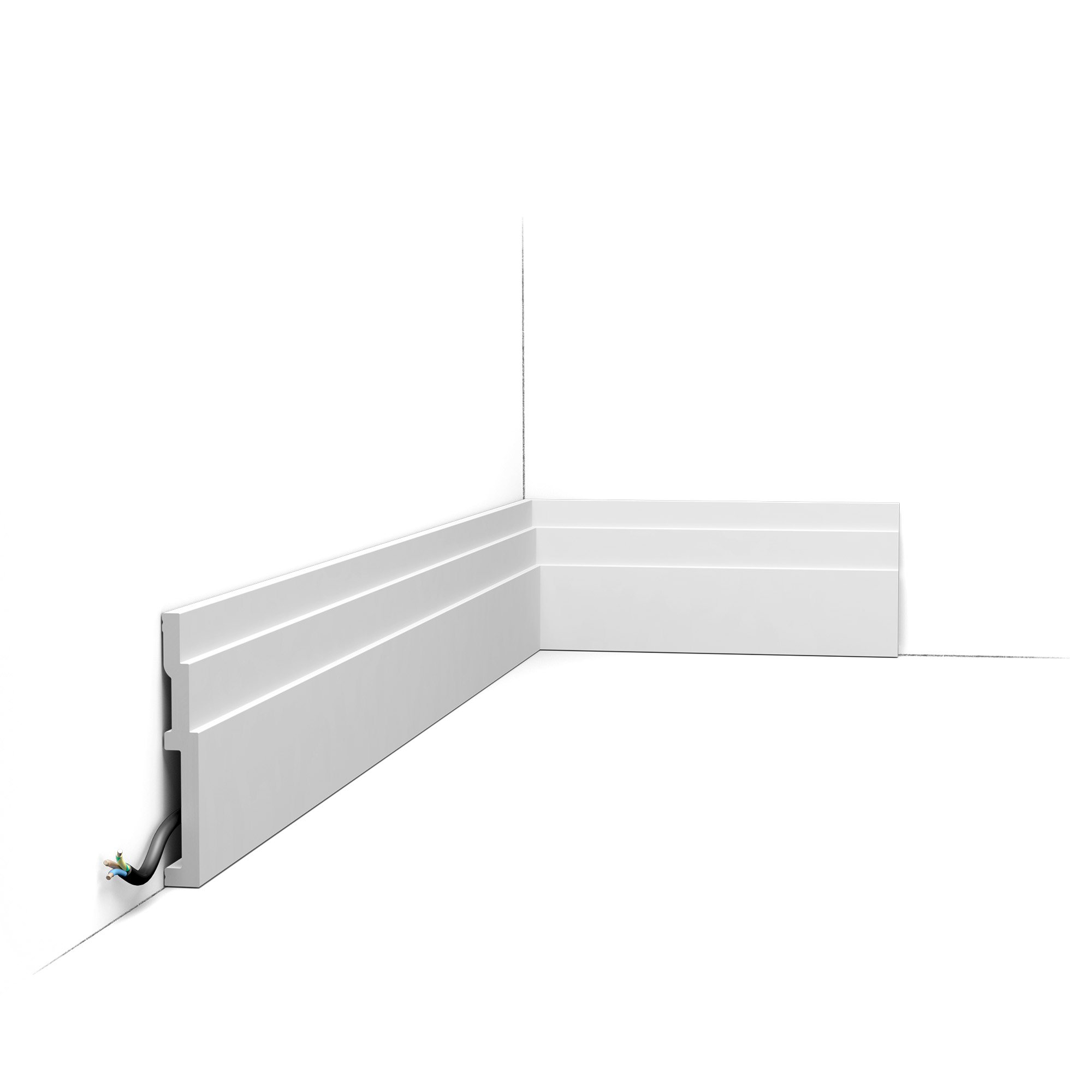 Orac SX180 skirting board installed with stepped detail and cable management