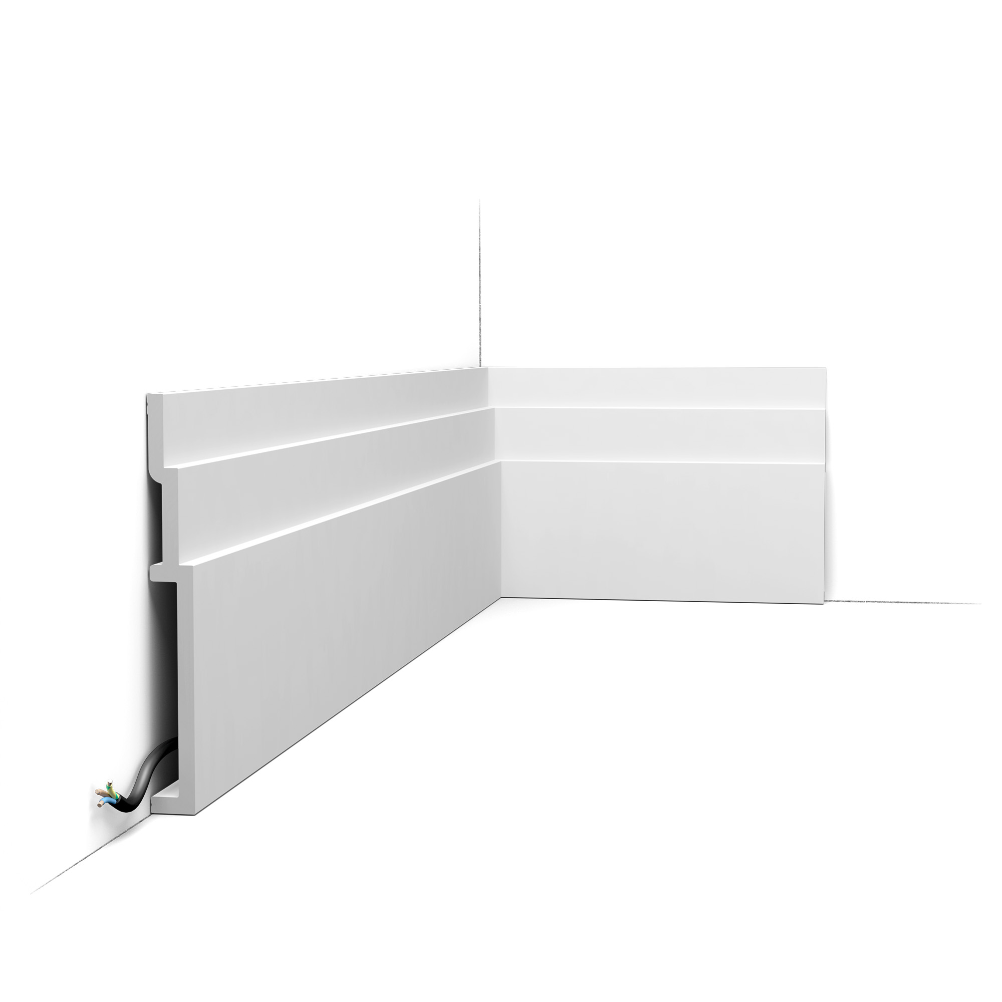 Orac SX181 skirting board installed stepped profile with cable management