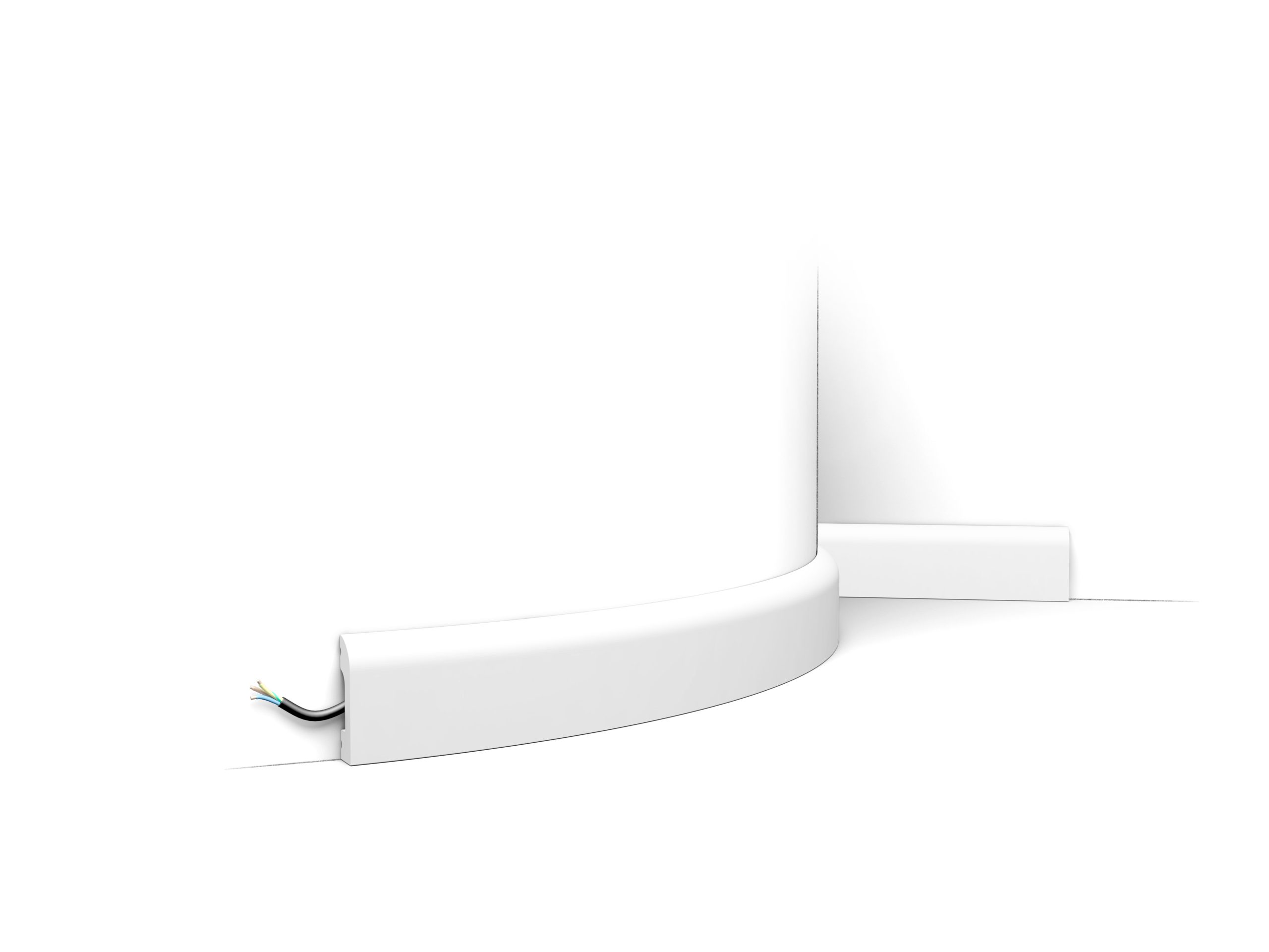 Flexible bullnose skirting board fitted to curved wall with concealed cable channel