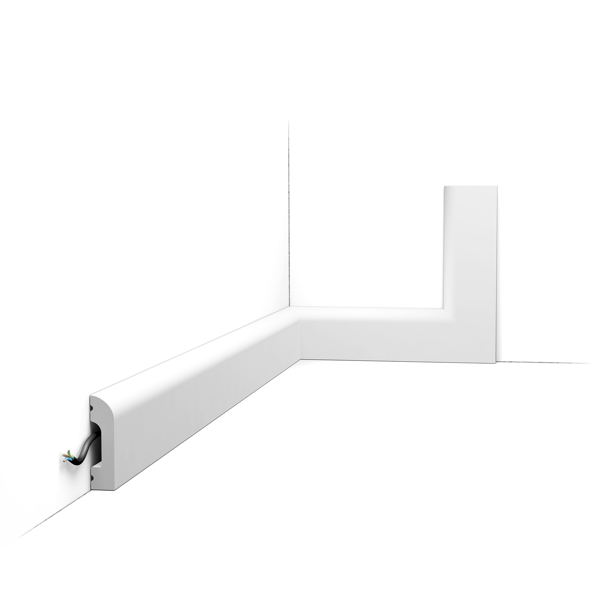 Orac SX182 skirting board installed rounded profile with cable management