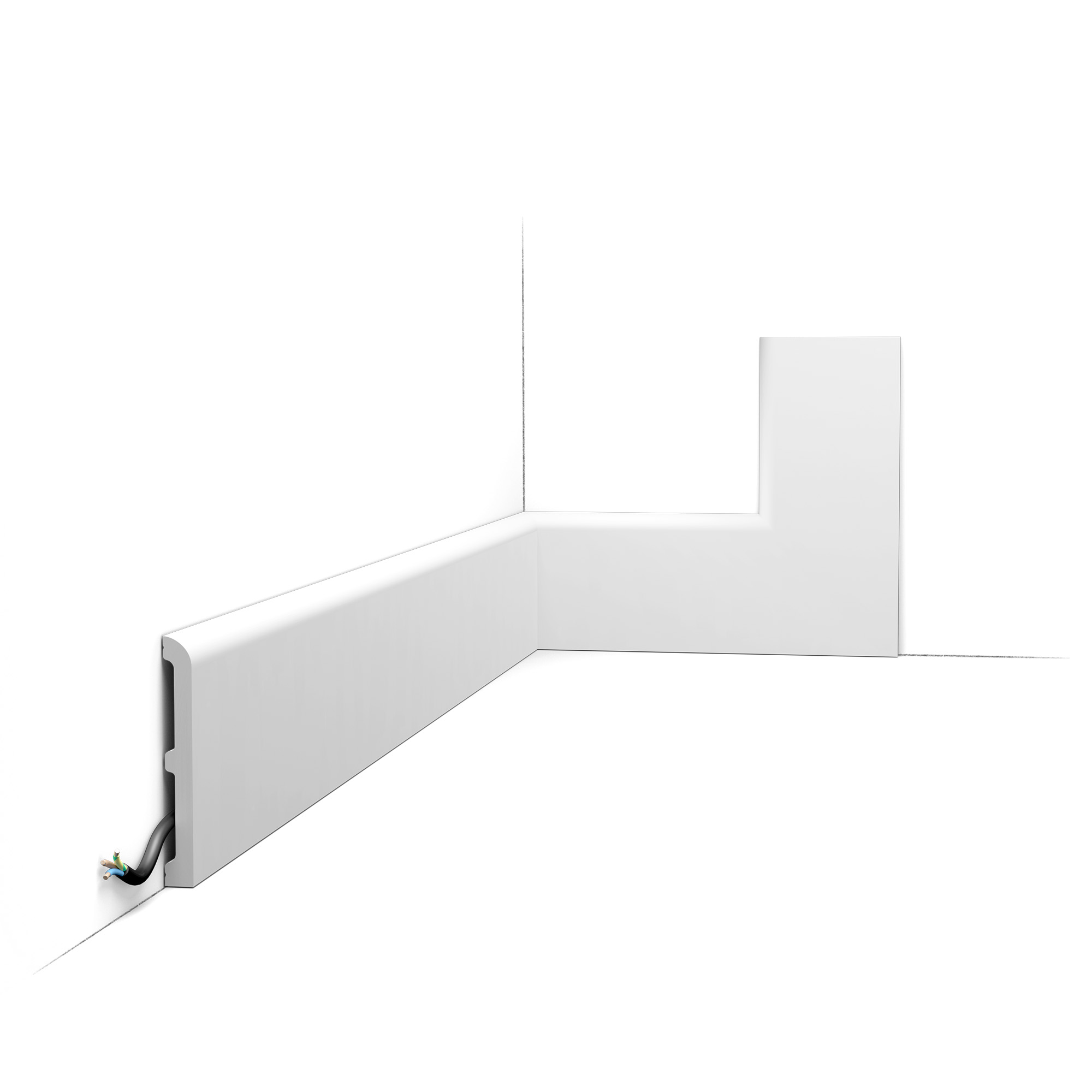 Orac SX184 skirting board installed view with cable management channel