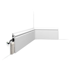 ORAC SX186 traditional skirting board with integrated cable management, featuring a decorative moulded profile for classic and period-style interiors.