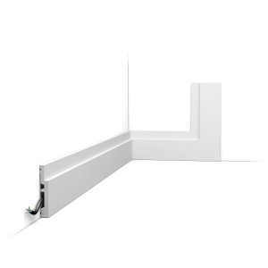 Orac SX187 skirting board installed with stepped modern profile and cable space
