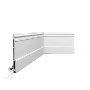 Orac SX191 skirting board installed with decorative stepped profile and cable space