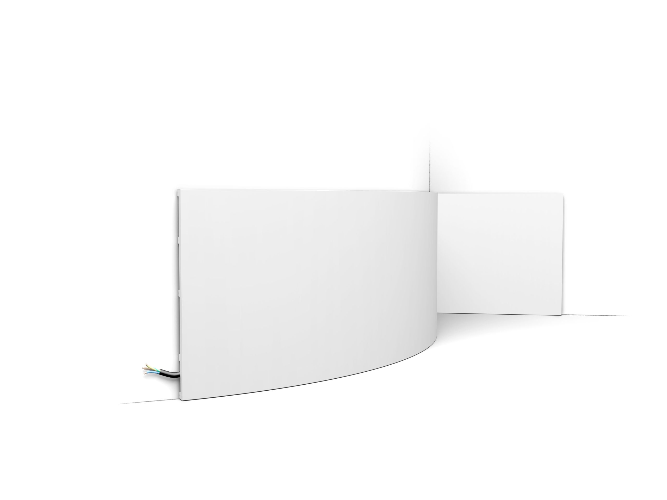 Flexible flat skirting board fitted to curved wall with concealed cable channel