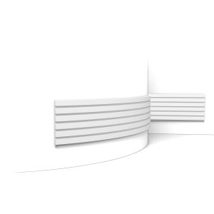 Flexible Orac 3D wall covering with slim horizontal stepped lines fitted around a curved wall feature