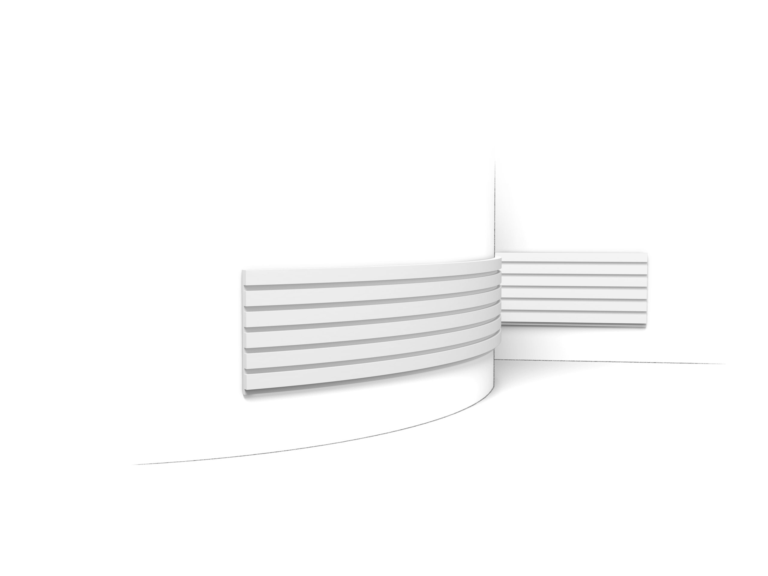 Flexible Orac 3D wall covering with slim horizontal stepped lines fitted around a curved wall feature