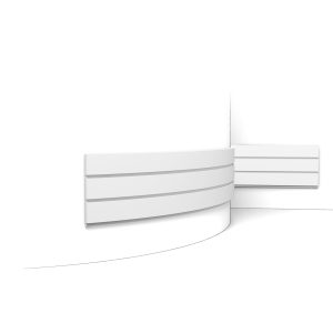 Flexible Orac 3D wall covering with wide horizontal banded design fitted around a curved wall