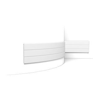 Flexible Orac 3D wall covering with wide horizontal panel line design installed around a curved wall