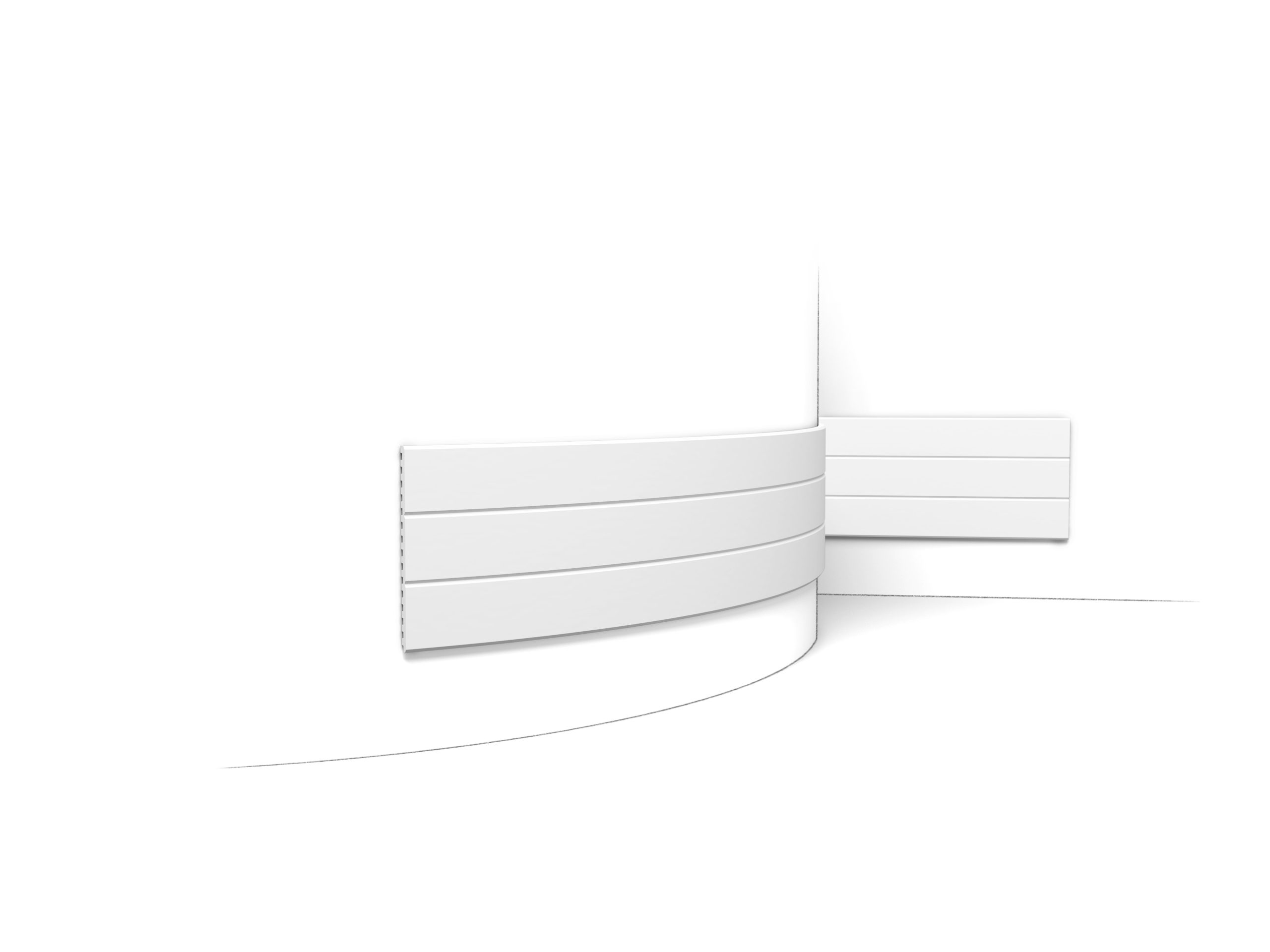 Flexible Orac 3D wall covering with wide horizontal panel line design installed around a curved wall