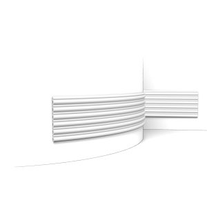 Flexible Orac 3D wall covering with horizontal linear ribbed design installed around a curved wall feature