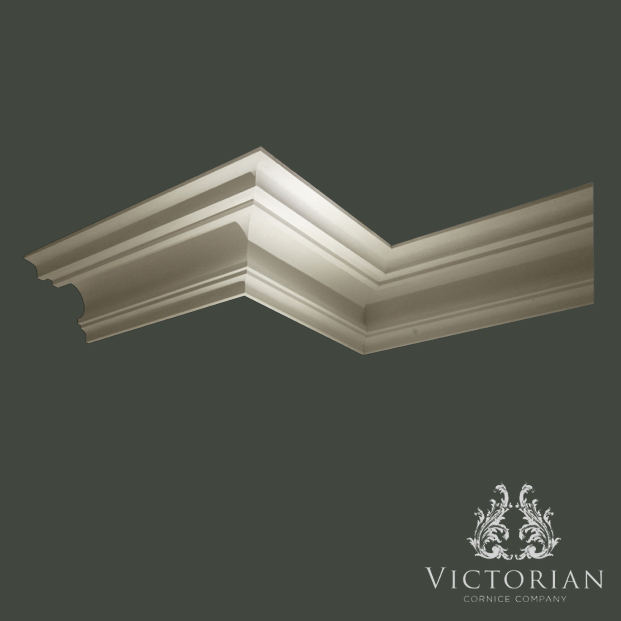 Victorian Cornice Company C132 handmade plaster swan neck cornice featuring a classic cyma profile with elegant stepped detailing.