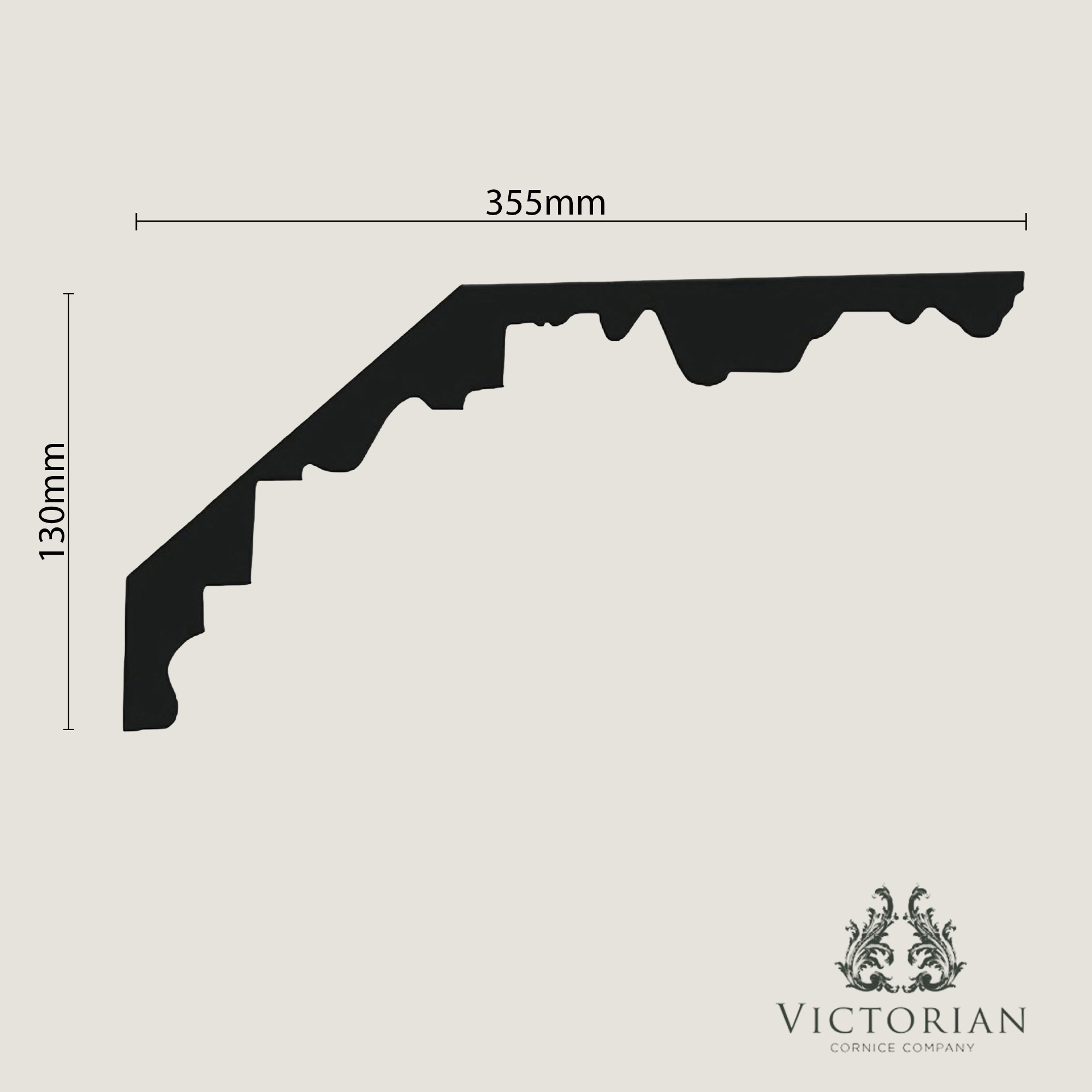 C1 Victorian grape and vine dentil plaster cornice cross section profile showing 355mm projection and 130mm drop