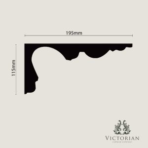 C4 Victorian swan neck plain plaster cornice cross section profile showing 195mm projection and 115mm drop