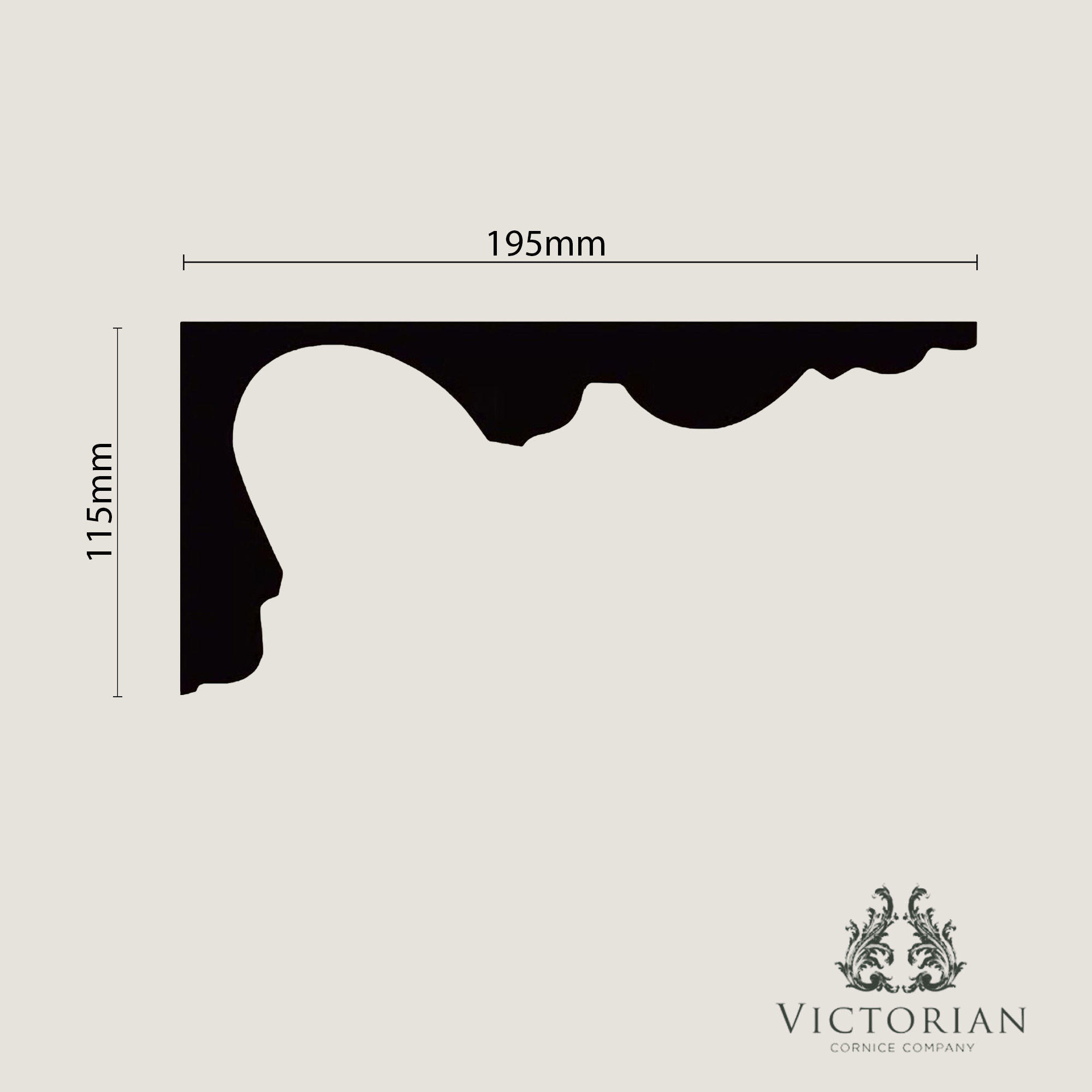 C4 Victorian swan neck plain plaster cornice cross section profile showing 195mm projection and 115mm drop