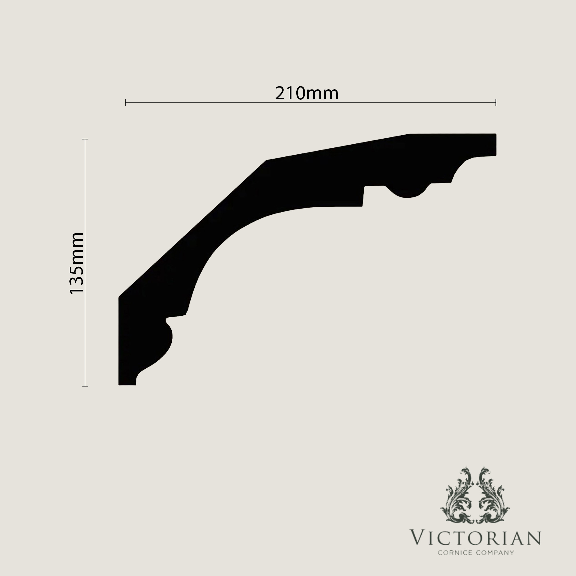 C5 Victorian plain step plaster cornice cross section profile showing 210mm projection and 135mm drop
