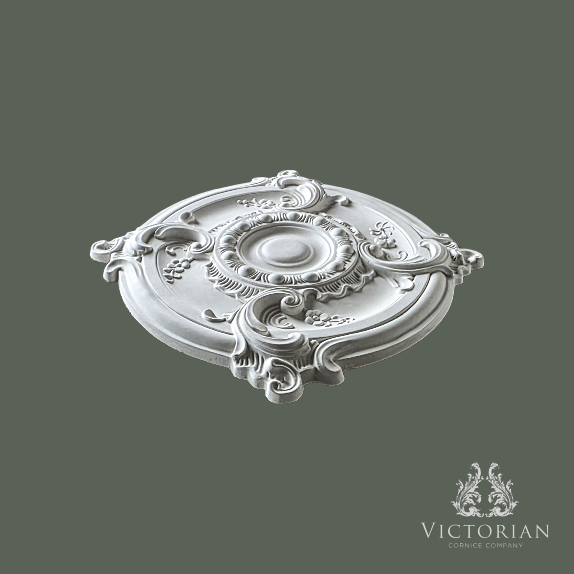 R11 plaster ceiling rose 495mm side profile showing scroll detail and depth
